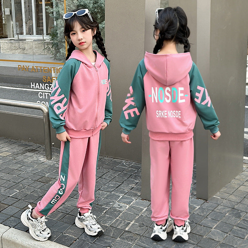 mid-to-large size girls' fashionable two-piece set: spring/autumn outerwear and cargo pants korean style outfit