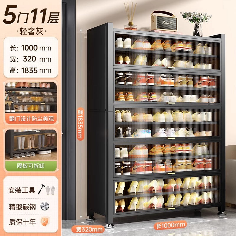 Steel shoe cabinet for home, all-in-one entryway cabinet, multi-layer large capacity storage cabinet, metal dustproof shoe rack