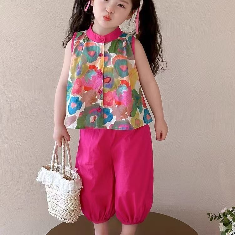 【comfortable neckline】girls' summer outfit set  new style baby floral tank top summer clothes little girl chic