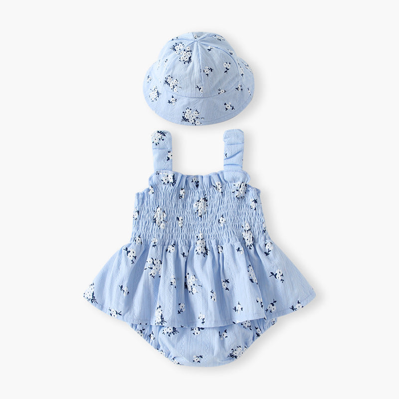 Ins summer clothing newborn baby sleeveless suspender khaki style small floral thin baby girl bag butt skirt one-piece