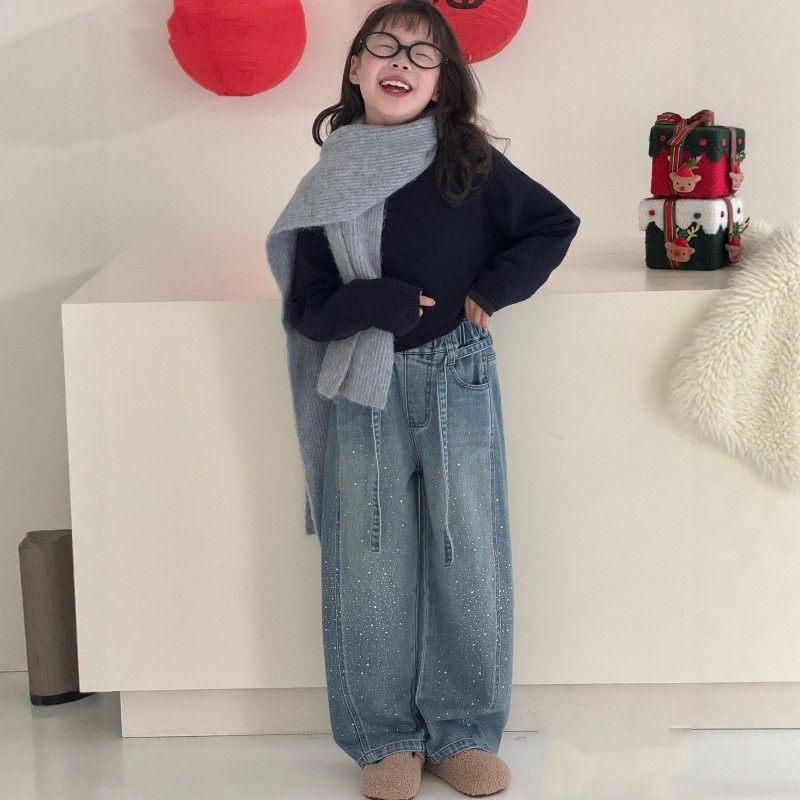 Girls' rhinestone embellished denim pants - spring  new collection - kids' wide-leg cropped jeans - sparkly pants for girls (big kids) - spring apparel