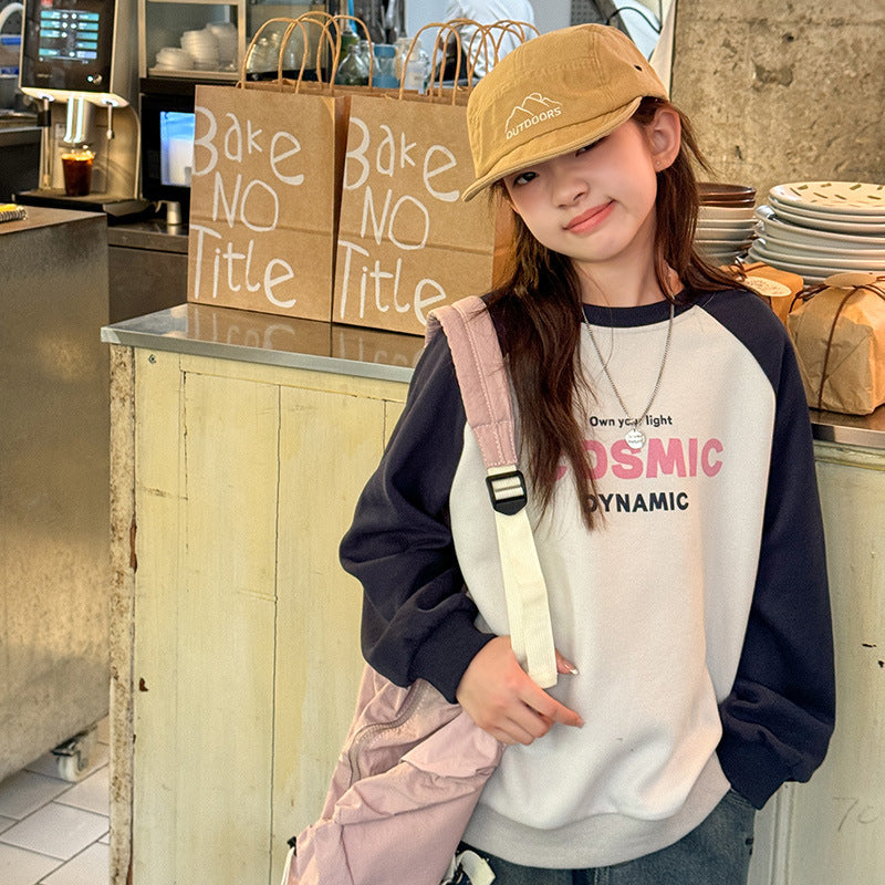 Girls' t-shirt autumn collection : new color block sleeve cartoon loose fit long sleeve top - stylish and trendy base layer for mid-to-large sized girls