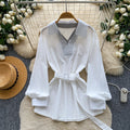 Korean style commute-friendly, skin-friendly & breathable yellow shirtdress - women's long sleeve tie-waist slimming design top