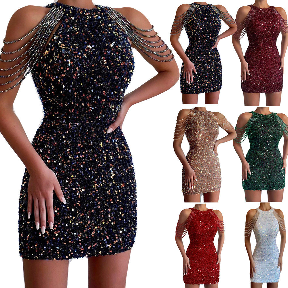 spring new european and american style sexy fashion halter neck off-shoulder tassel bodycon crystal sequin dress