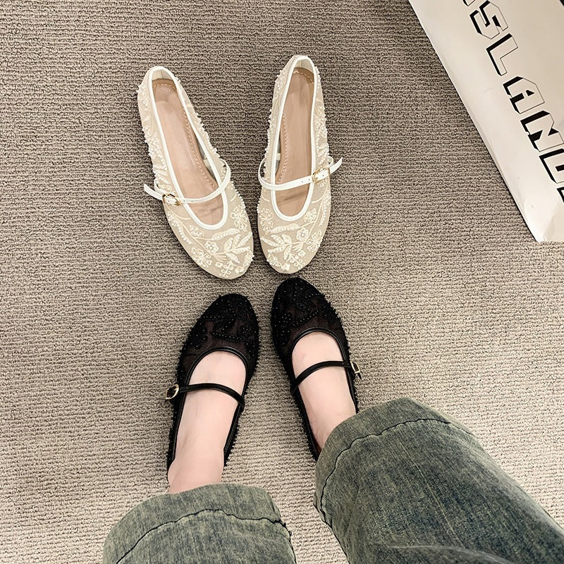 embroidered pearl loafers - women's soft leather breathable casual flats - retro chinese style flat heel plus size mesh shoes