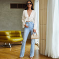 fall/winter european and american sexy hot girl style solid color collar flared sleeve loose fit cropped knit long sleeve t-shirt