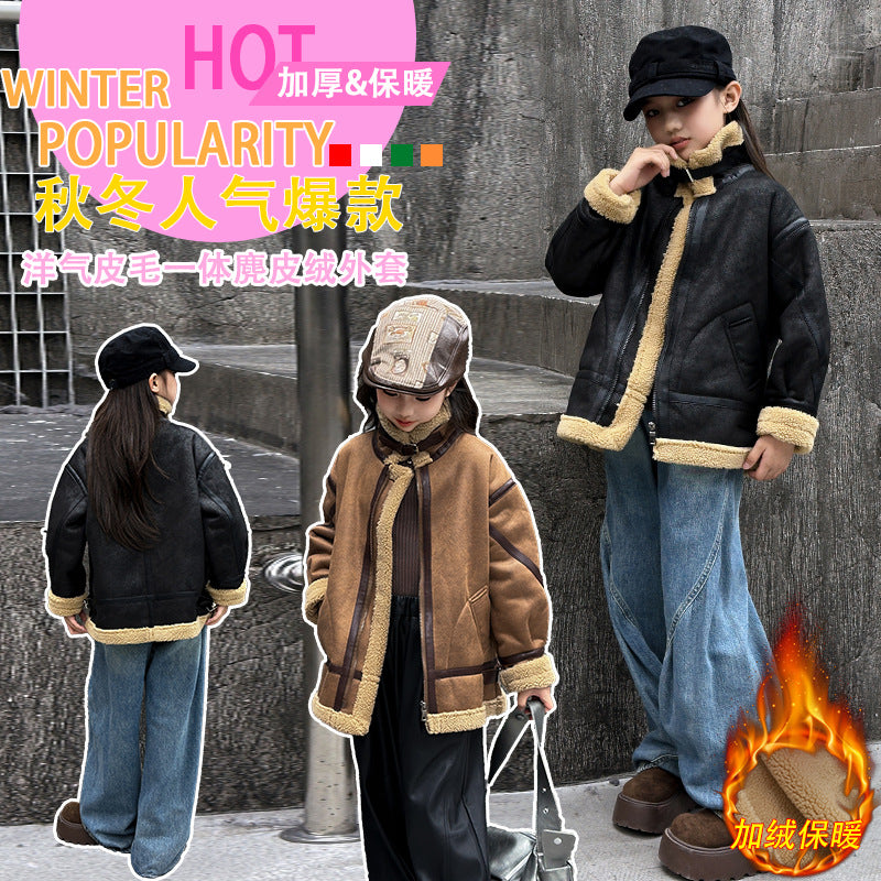 Girls' warm, loose-fit outerwear: new  autumn/winter collection - vintage motorcycle jacket, fleece-lined, extra thick jacket coat
