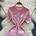 Xiaoxiangfengclassy waist pearl breasted silm short-sleeved knittingdress female frenchslimming looksweater skirt