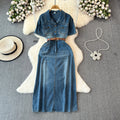 Vintage hong kong style denim dress - women's  summer new arrival - high-end, elegant, slimming, mid-length dress with cinched waist
