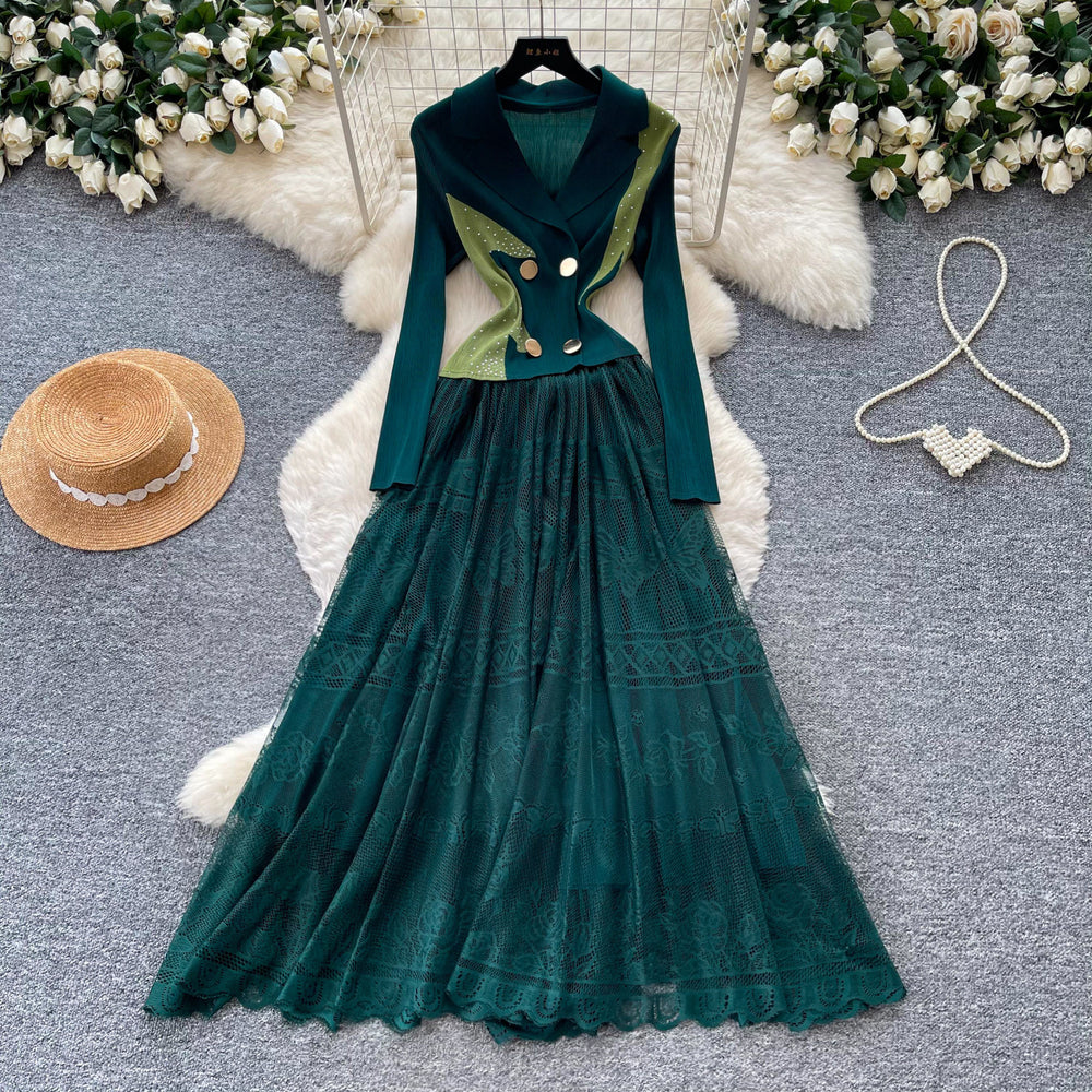 French romantic style blazer collar lace dress - women's summer slimming pleated flowy maxi dress - commute chic & elegant