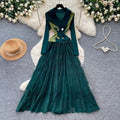 French romantic style blazer collar lace dress - women's summer slimming pleated flowy maxi dress - commute chic & elegant