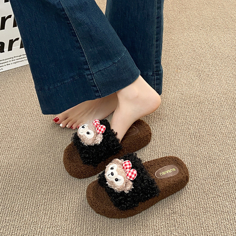 Cute shirley rose curly teddy hair thick cashmere cotton slippers women's fall and winter outwear non-slipheattech open toe cotton