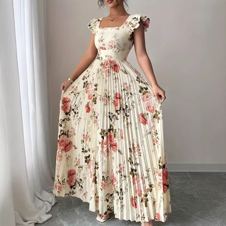 cross-border fashion summer new arrival: ethereal v-neck printed dress - perfect for beach vacations, short-sleeve tie-waist maxi dress