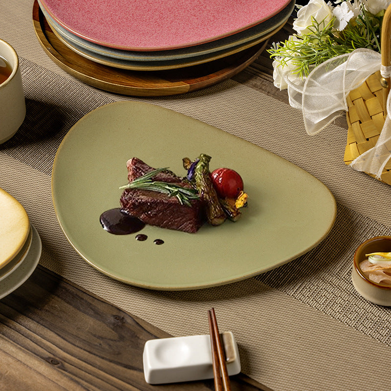 Creative stylish triangle stoneware dinner plate western food steak plate pasta plate cooking plate home practical large dish plate
