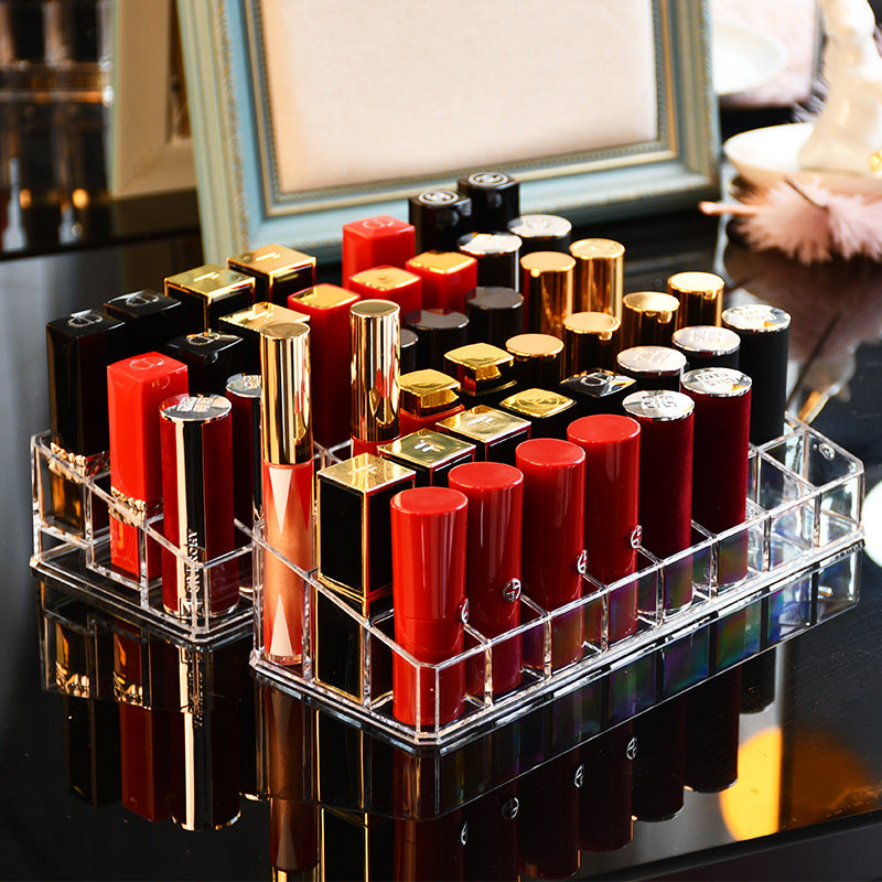 Lipstick organizer display case - multi-compartment storage shelf - trendy, girly, transparent design - home cosmetics organizer