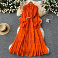 French court retroelegancedress women's stand collar bell sleeves waist single breasted lacepatchwork large swing long skirt