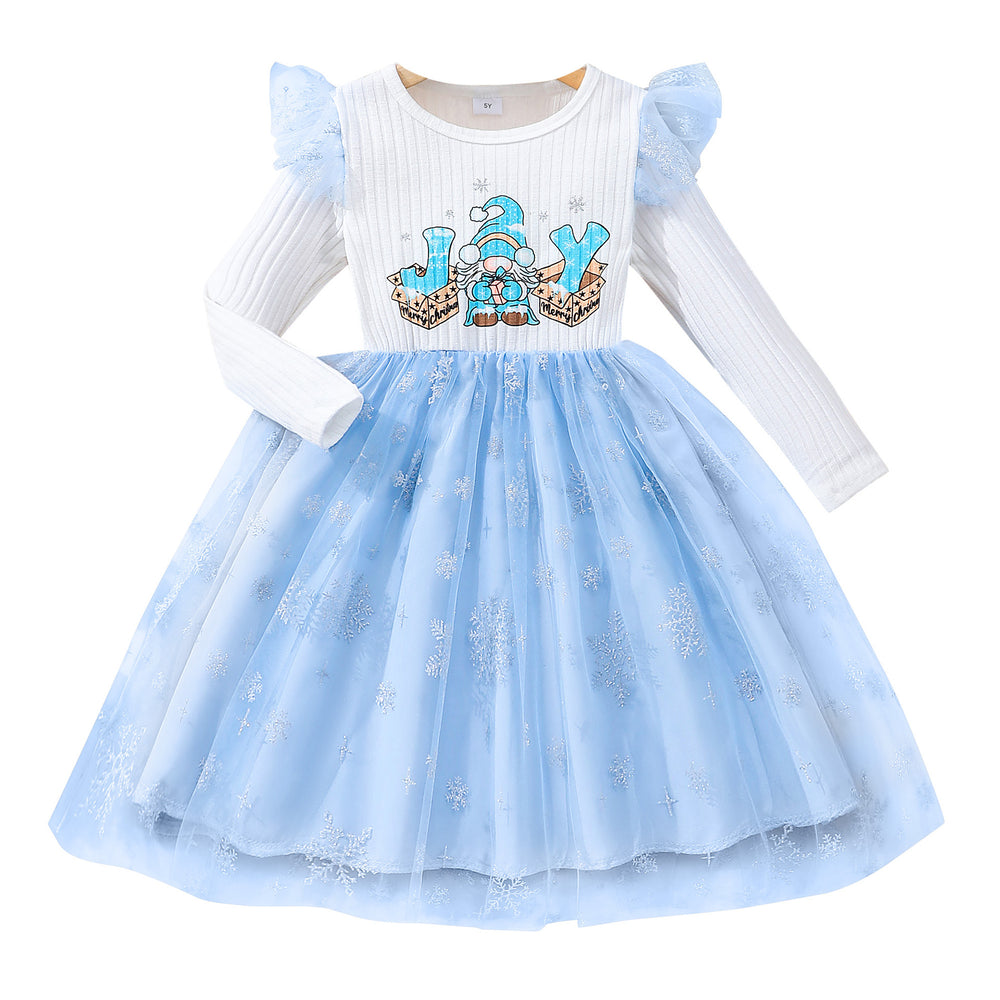 Kids' long-sleeve crewneck dress with letter print and mesh overlay