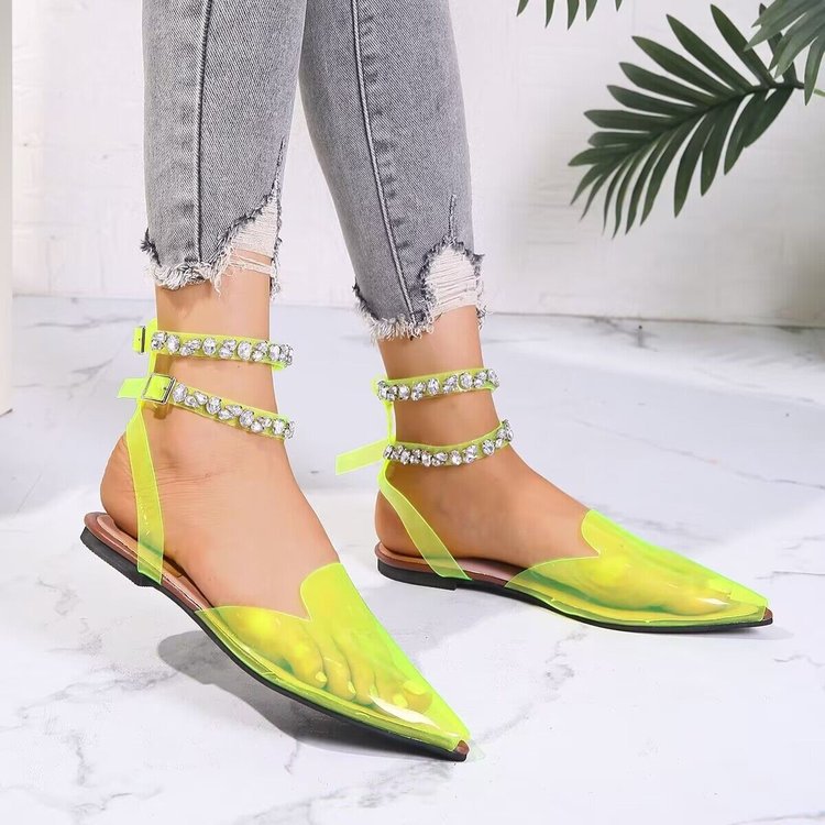 new pointed-toe rhinestone sandals for women, export quality, european and american style, flat heel, size 42, silk satin, open back with buckle closure