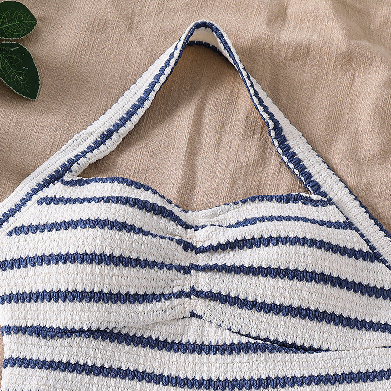 hot-selling girls' outfit,  spring/summer european and american new style, fashionable striped halterneck tube top and high-waisted shorts set