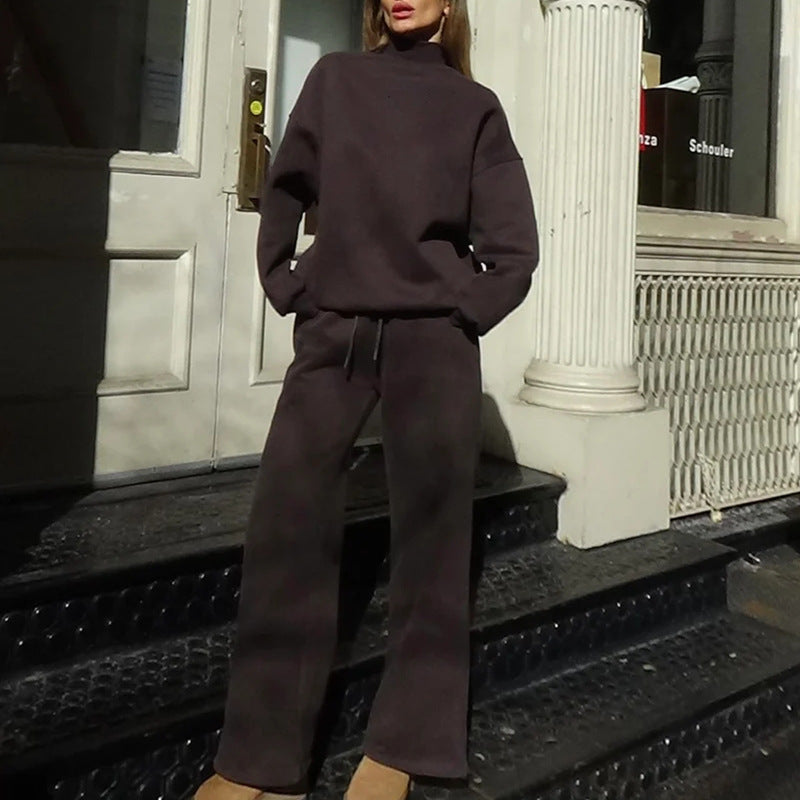 European and American casual women's suit solid color long-sleeved turtleneck sweater strap-up sports trousers two-piece set