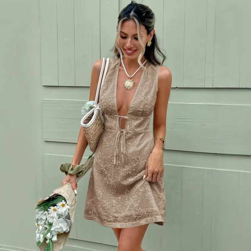 Korean style fashion v-neck sleeveless ruffle trim tank dress - women's new summer a-line mini dress with cinched waist