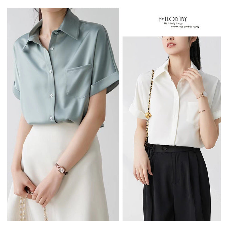 summer new arrival: casual satin short-sleeve blouse - korean style, professional white collar, commute & interview shirt - in stock