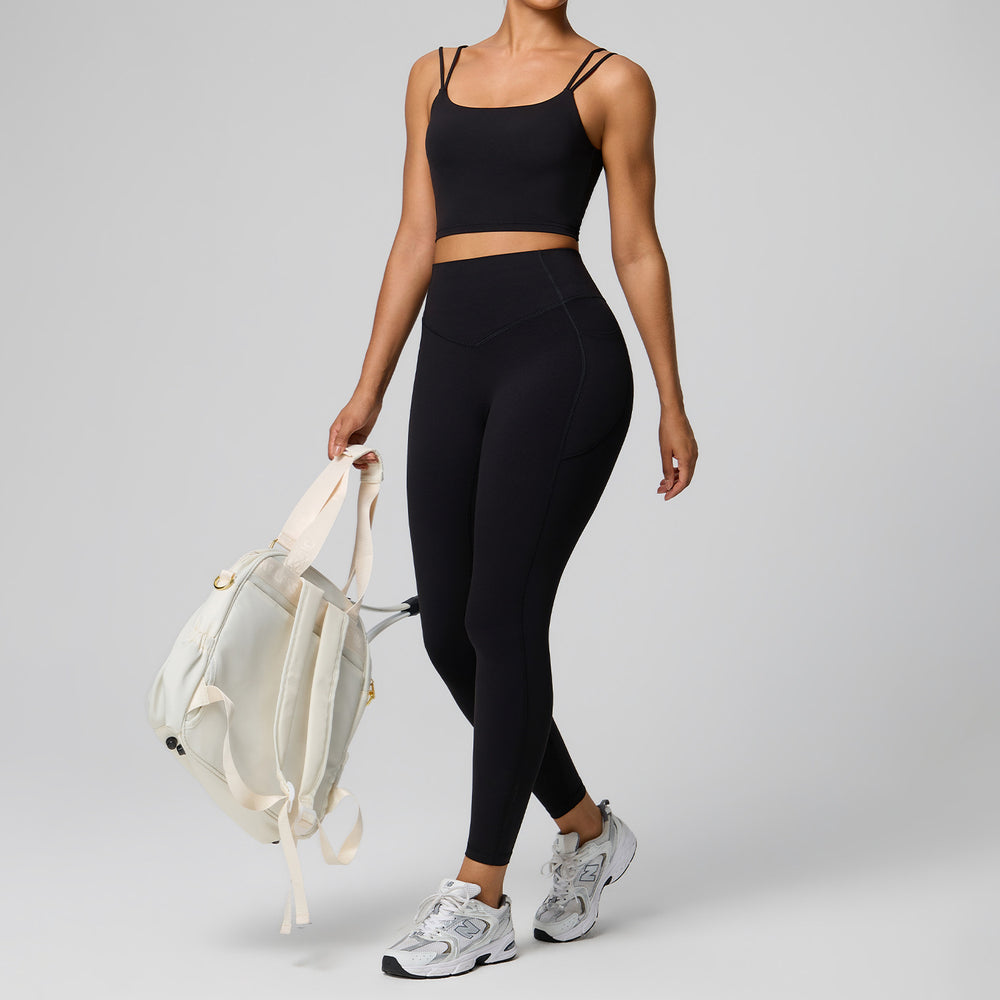 high waistflap pocket pants sportswear two-piece set women's high elastic shaping quick-drying fitness clothes running yoga clothes suit