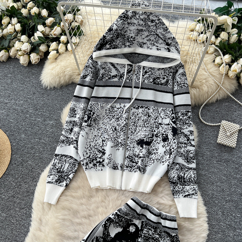 European and american fashion suit women's autumn and winter classy loosecasual hooded printingknittingoutwearhigh waistloose pants