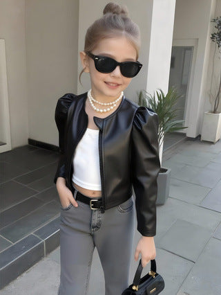 Girls' black cropped pu leather jacket - round neck, long sleeve, new autumn/winter style with puff sleeves