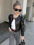 Girls' black cropped pu leather jacket - round neck, long sleeve, new autumn/winter style with puff sleeves