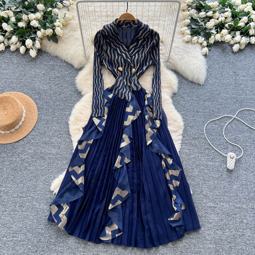 Miya european and american high-end western style suit collar long sleeves double-breasted waist patchworkruffles pleated longdress
