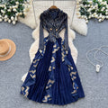 Miya european and american high-end western style suit collar long sleeves double-breasted waist patchworkruffles pleated longdress