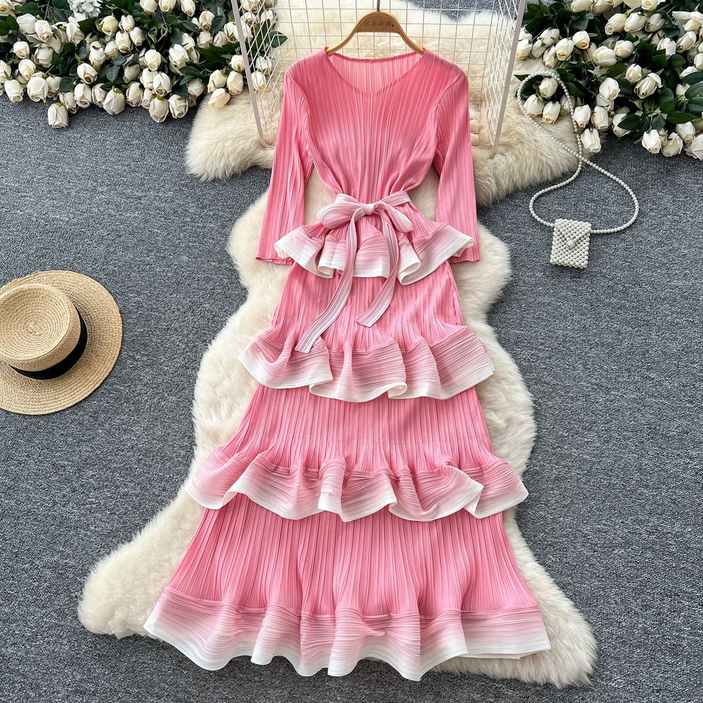 Miya pleated dress - women's  new arrival: high-end tie-waist gradient ruffle pleated maxi dress