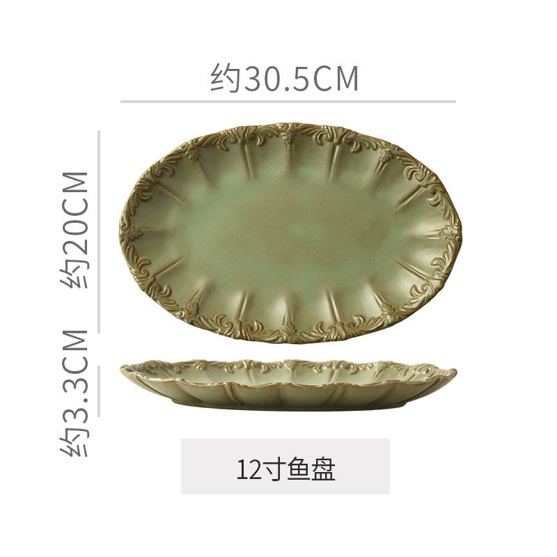 Embossed retro ceramic dinnerware set - french-inspired plates, high-end steak plates, dessert bowls, and rice bowls for home use