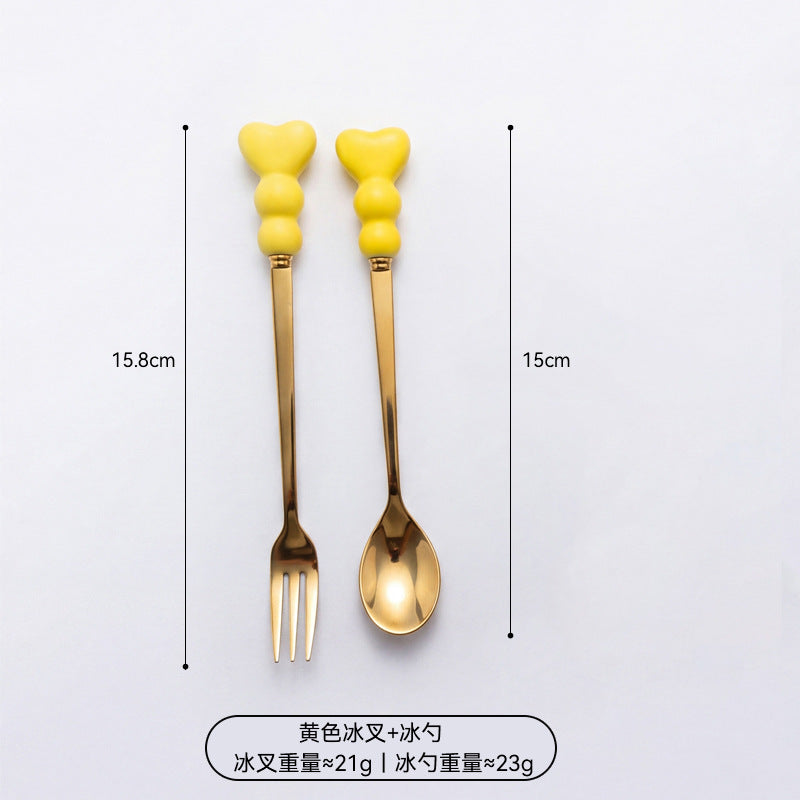 Carefully selected love handle dessert fork and spoon girl heart afternoon tea spoon high temperature resistant thickened ceramic handle fruit fork