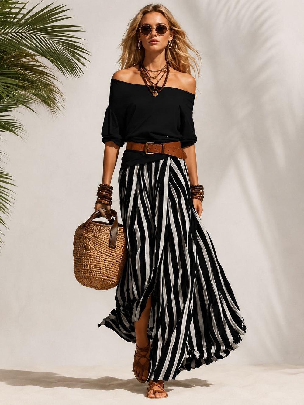 spring/summer new european and american cross-border nautical resort style off-shoulder top and slit skirt women's set
