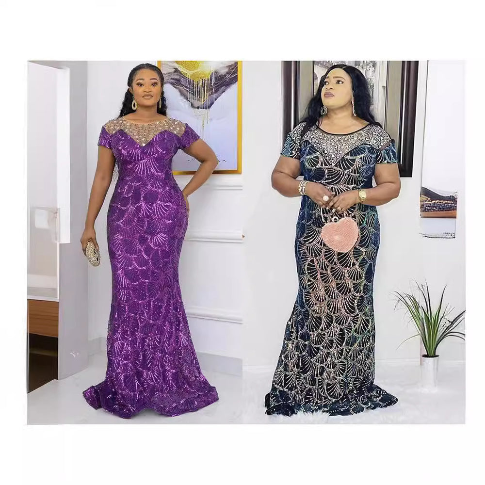 e-commerce: african , , round neck, elegant, private label, lace-trimmed, plus-size women's dress