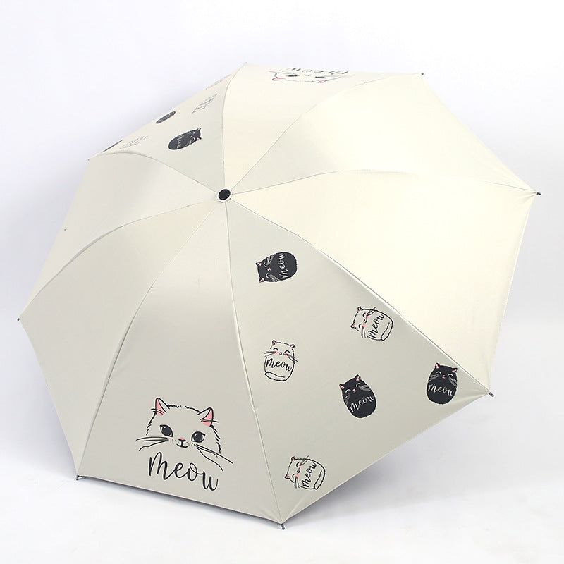Tri-fold cute cat animation cartoon umbrella vinyl parasol sun umbrella female weather and rain wholesale printing LOGO