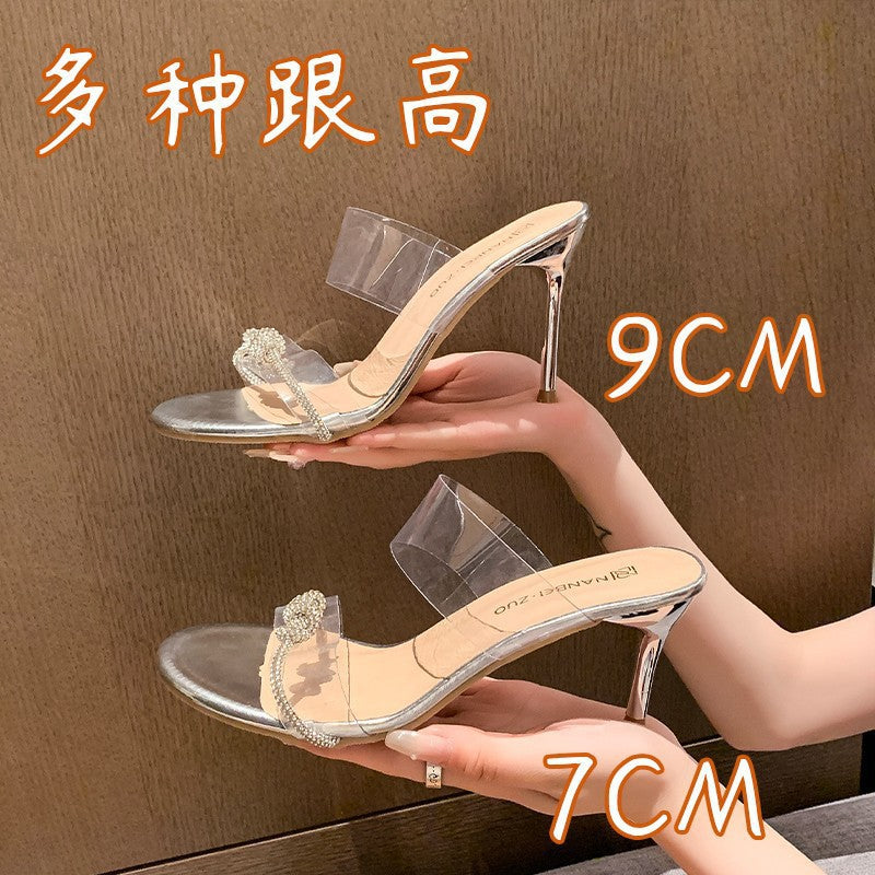 K-style this year's summernew arrivalplus size sandals rhinestone twist outwear transparent high-heeled sandals one-strap women's shoes