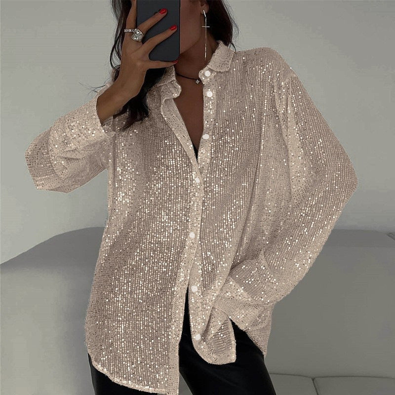 spring/summer new european and american style sequin top, collared long sleeve cardigan, basic cross-border women's blouse jacket