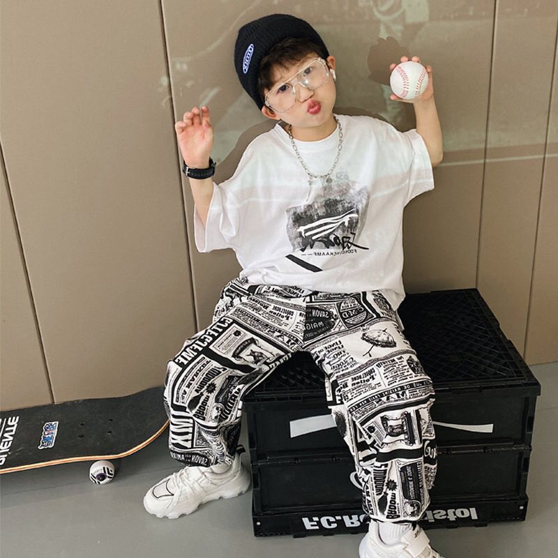 summer short-sleeve t-shirt for boys, ages 12-15, middle school students, trendy and stylish, ages 13-14, big kids' boys' outfit set