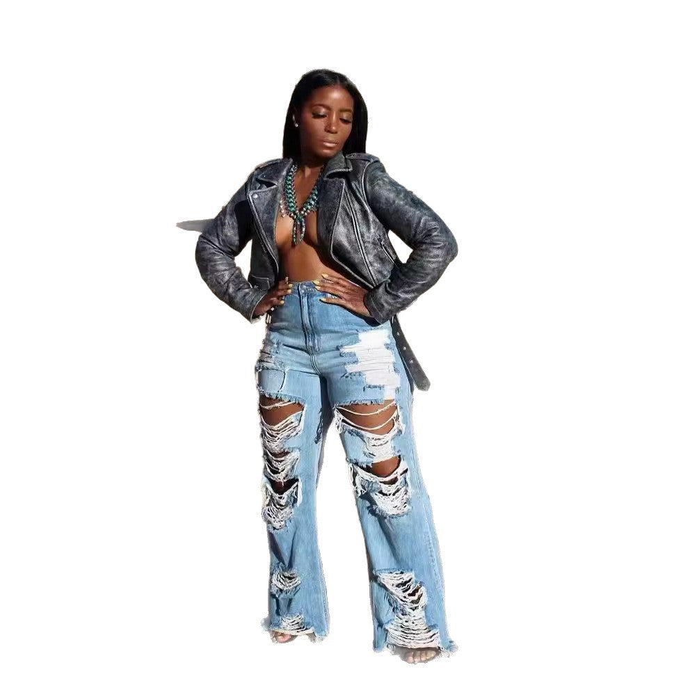 Ol6081 new arrival   european and american sexy fashion burnout distressed jeans women's