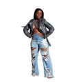 Ol6081 new arrival   european and american sexy fashion burnout distressed jeans women's
