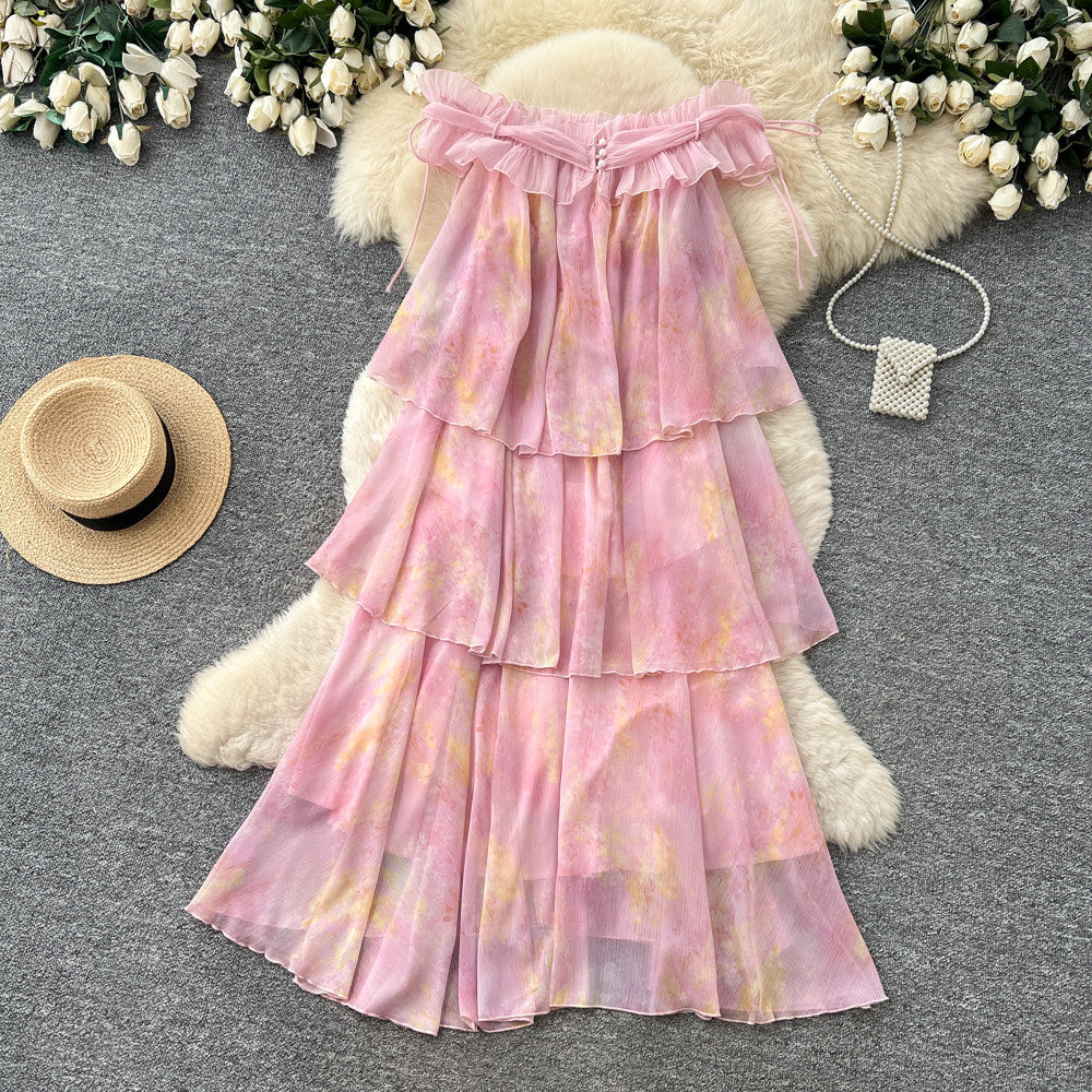 French riviera style pink ruffle cake dress - sleeveless off-the-shoulder a-line summer dress - stunning and unique design
