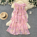 French riviera style pink ruffle cake dress - sleeveless off-the-shoulder a-line summer dress - stunning and unique design
