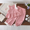 Girls' summer outfit set : new, stylish, and chic lace-trimmed babydoll top with wide-leg pants two-piece set for girls