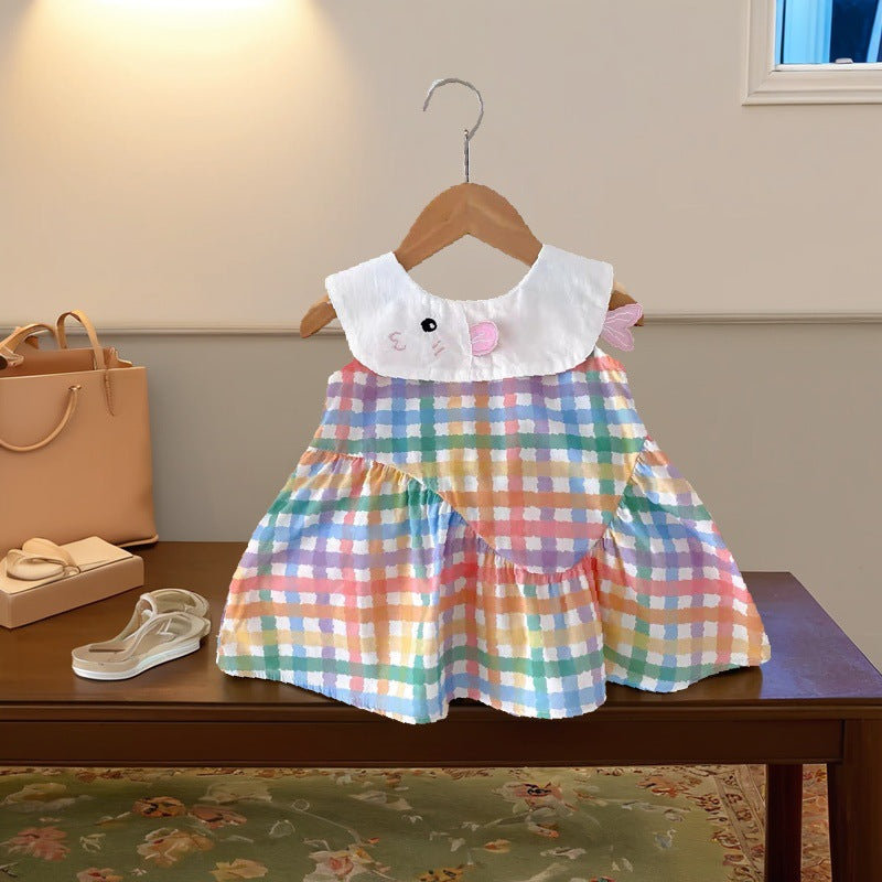 Girls' plaid dress - sleeveless round neck summer korean style - baby girl cartoon lapel tank dress - children's dress