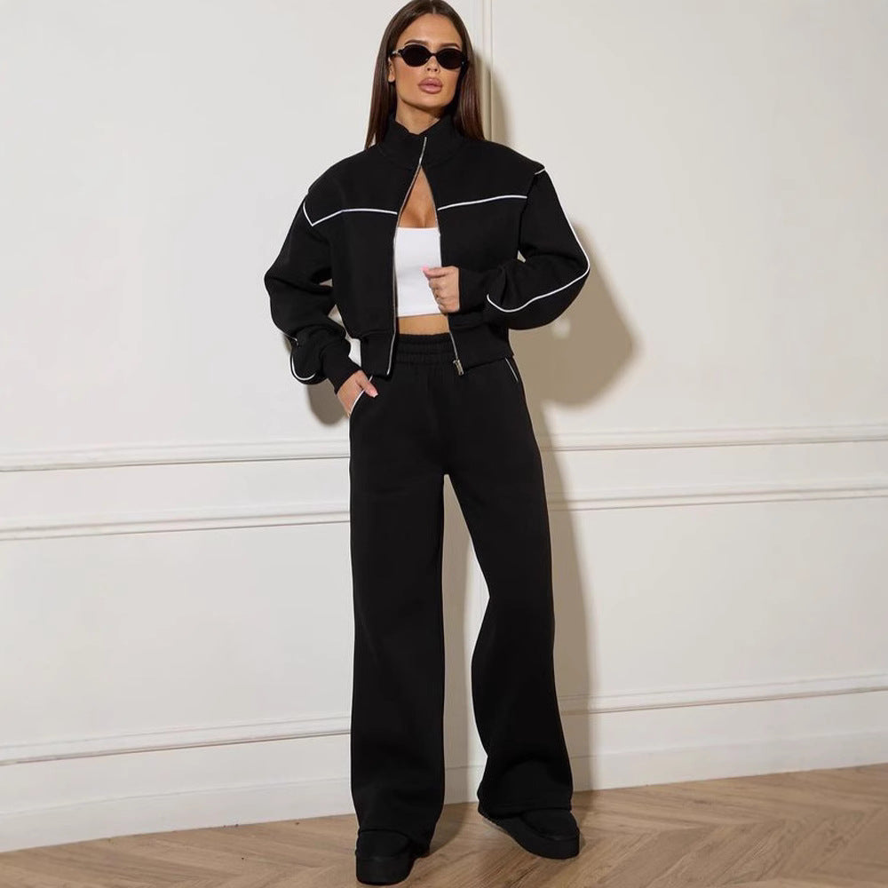 European and American new women's clothing casual long-sleeved line zipper cardigan trousers two-piece set women's fashion sports suit