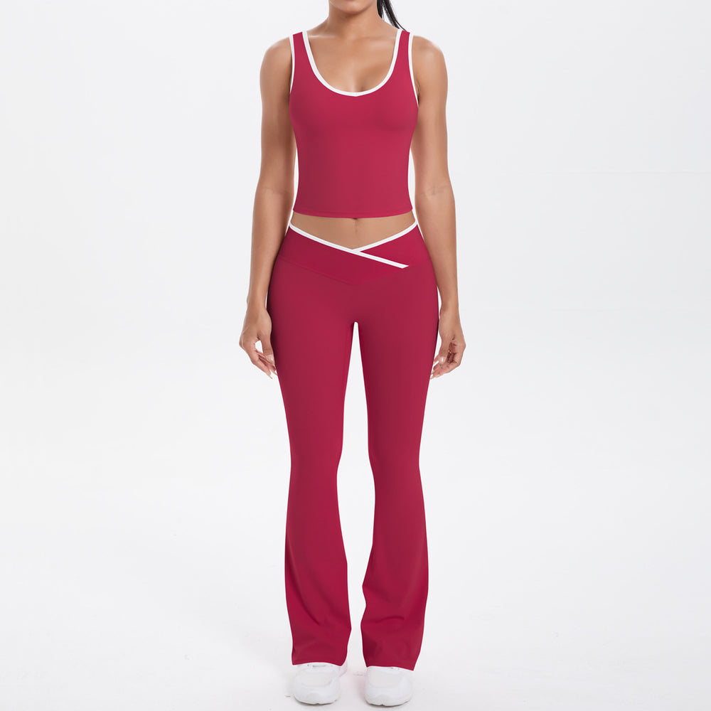 Cross high waist sports suit women's contrast color nude tight yoga clothes quick-drying breathable outdoor running fitness suit