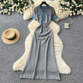 French chic knitted dress - women's summer short sleeve korean style metallic buckle slim fit retro maxi dress